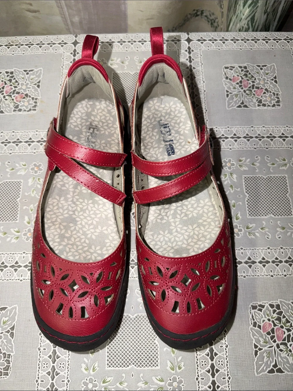 JBU Women's Red Mary Jane Flats with Decorative Cutouts